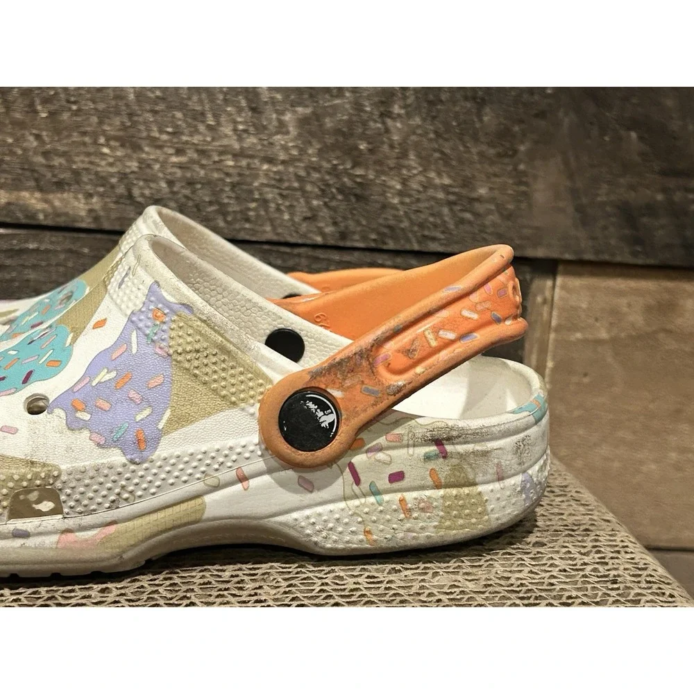 CROCS Ice Cream Print Size J1 Sprinkles‎ with PVC Shoe Charms Gently Worn